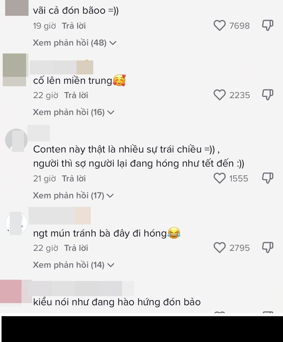 Đa phần netizen cho rằng người dân miền Trung đang rất khổ sở, gồng mình chống bão, không nên mang tâm lý chờ đợi phấn khích vui vẻ đợi bão vào và chia sẻ hồn nhiên điều đó trên MXH.