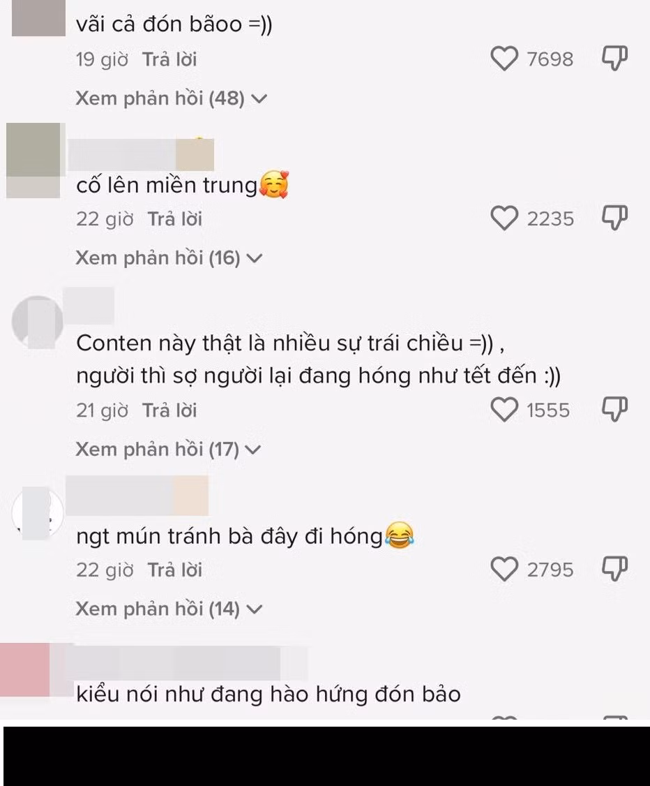 Đa phần netizen cho rằng người dân miền Trung đang rất khổ sở, gồng mình chống bão, không nên mang tâm lý chờ đợi phấn khích vui vẻ đợi bão vào và chia sẻ hồn nhiên điều đó trên MXH.