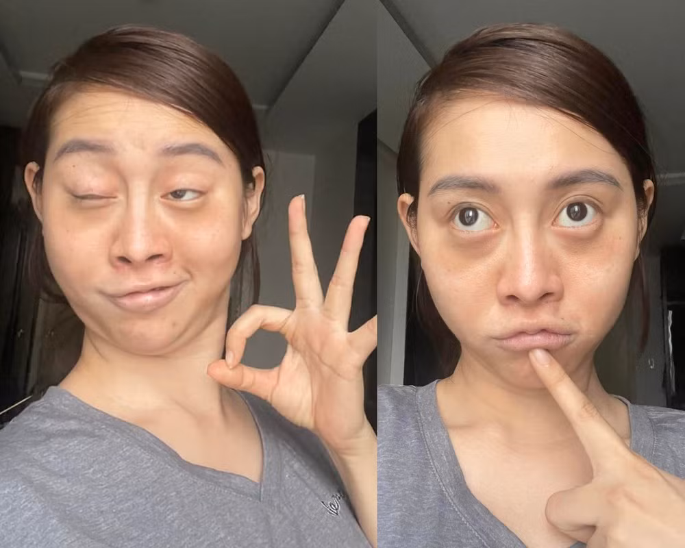 Gương mặt hot TikToker có phần kém sắc, quầng thâm đậm, môi cùng da mặt tái nhợt. Cô dí dỏm đính kèm trạng thái: “Nghe nói anh thích ngắm em mỗi sáng”.