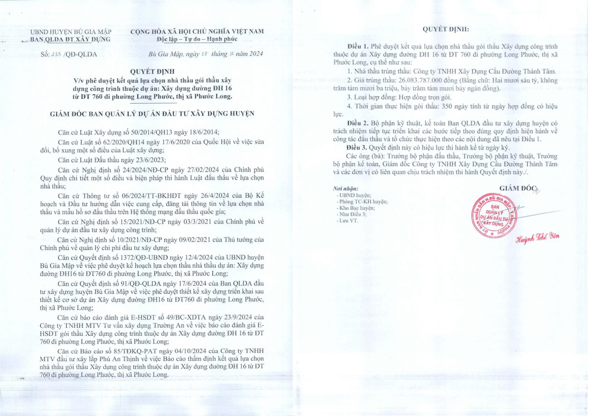 Binh Phuoc: Cty Cau duong Thanh Tam thang goi hon 26 ty tai Bu Gia Map