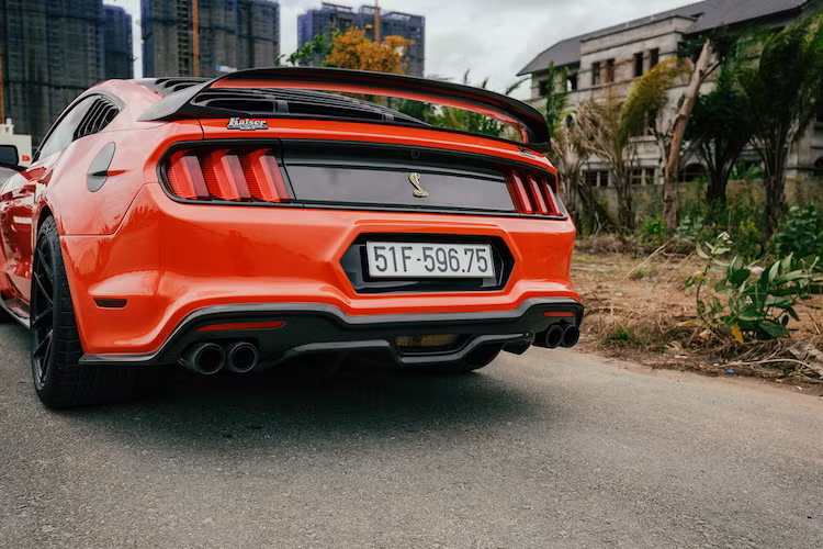 Ở phía sau, chủ xe tiếp tục trang bị cho chiếc Mustang cánh khuếch tán dưới cản, ốp nắp khoang hành lý và cánh đuôi bằng sợi carbon. Dù chiếc Mustang này thuộc phiên bản EcoBoost tầm trung nhưng chủ xe đã thay logo "ngựa phi" đặc trưng ở phía sau xe thành logo rắn hổ mang của bản Shelby Cobra mạnh mẽ nhất.