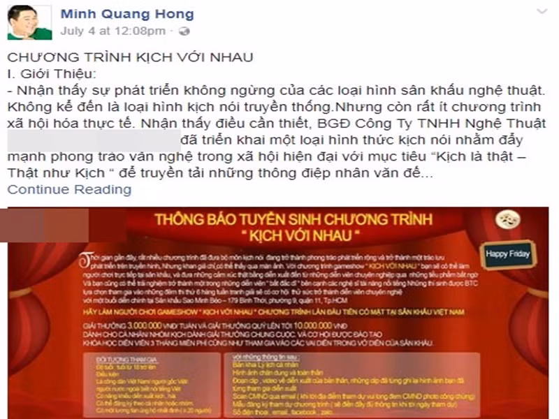 Tháng 7/2017, Minh Béo thản nhiên đăng tin tuyển người chơi gameshow khiến dư luận một lần nữa bức xúc. Ảnh chụp màn hình