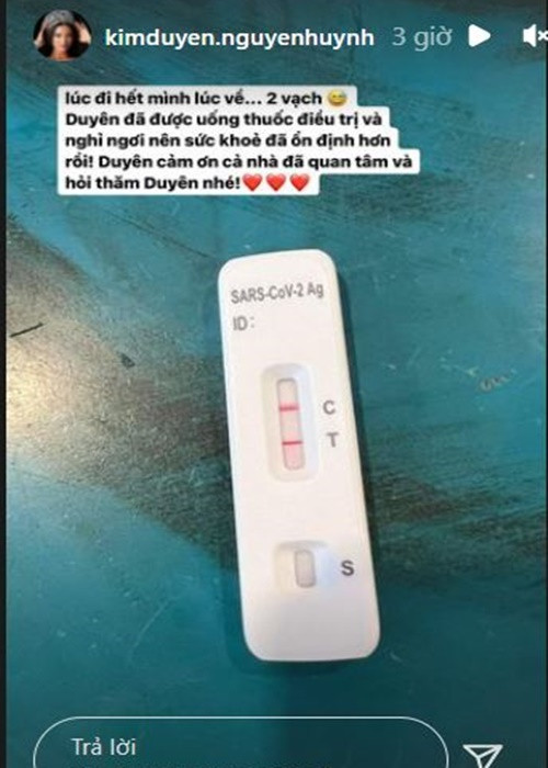 Kim Duyên đang điều trị tại nhà. Sức khỏe của cô hiện tại ổn định hơn sau khi uống thuốc và nghỉ ngơi.