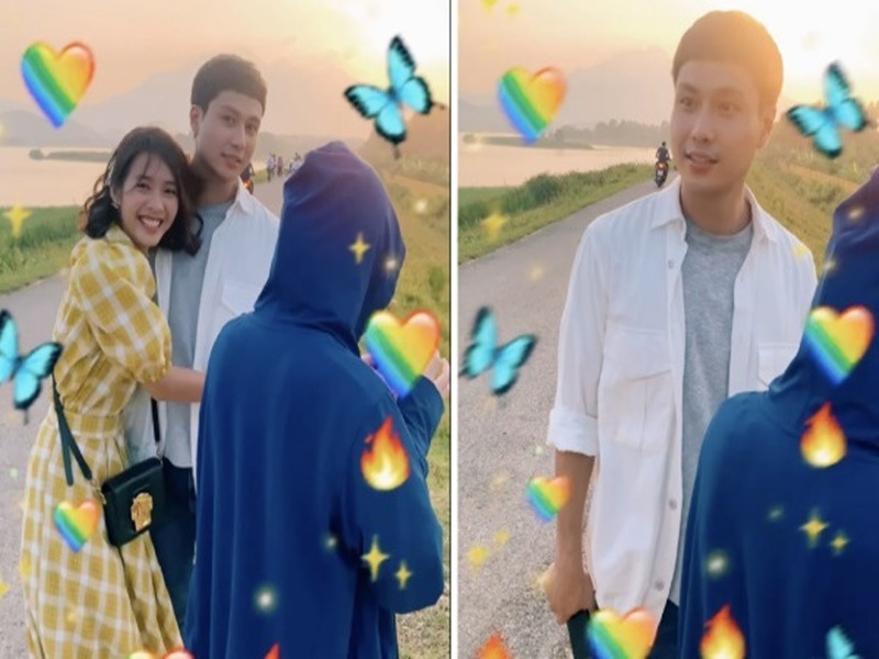 Khả Ngân vô tư ôm Thanh Sơn trên phim trường. Ảnh: VTV