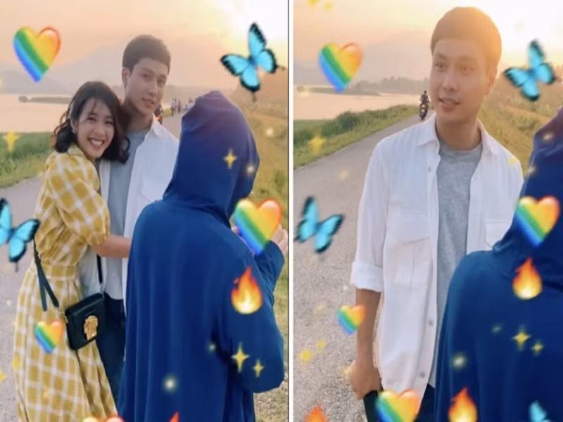 Khả Ngân vô tư ôm Thanh Sơn trên phim trường. Ảnh: VTV