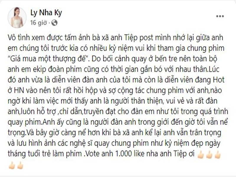 Trước chia sẻ của Thùy Dương, Lý Nhã Kỳ nhớ lại kỷ niệm đóng phim cùng Minh Tiệp. Nữ diễn viên còn bày tỏ, cô rất nể khi Minh Tiệp vẫn trân trọng và lưu hình ảnh các nghệ sĩ quay chung phim. Ảnh chụp màn hình