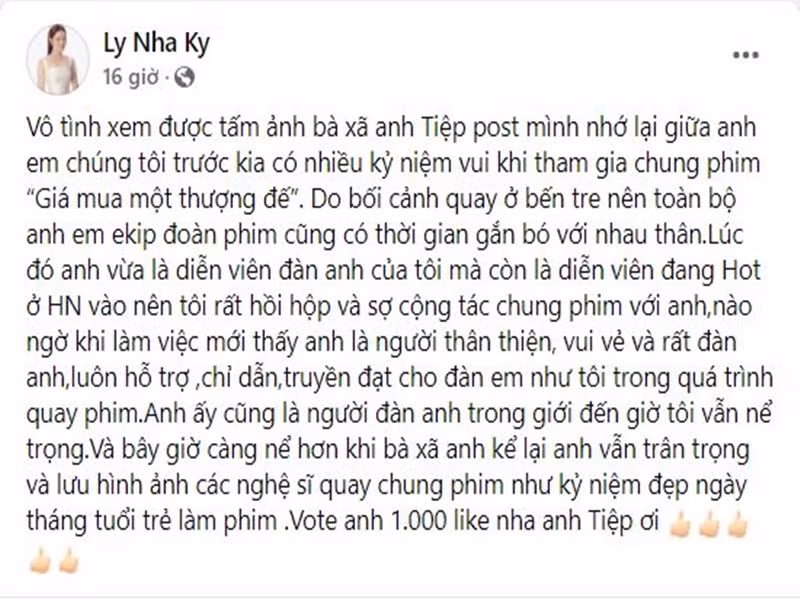 Trước chia sẻ của Thùy Dương, Lý Nhã Kỳ nhớ lại kỷ niệm đóng phim cùng Minh Tiệp. Nữ diễn viên còn bày tỏ, cô rất nể khi Minh Tiệp vẫn trân trọng và lưu hình ảnh các nghệ sĩ quay chung phim. Ảnh chụp màn hình
