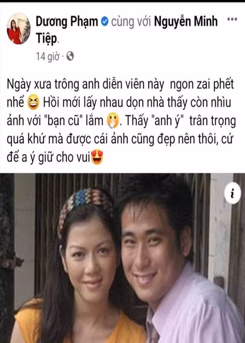 Khi khán giả nhắc lại câu chuyện giữa Lý Nhã Kỳ và Minh Tiệp, vợ của Minh Tiệp - Thùy Dương chia sẻ bức ảnh cũ của chồng bên Lý Nhã Kỳ. Cô còn cho biết, vì thấy chồng trân trọng quá khứ nên cô giữ lại những bức ảnh cũ của Minh Tiệp với "bạn cũ". Ảnh: FB Lý Nhã Kỳ