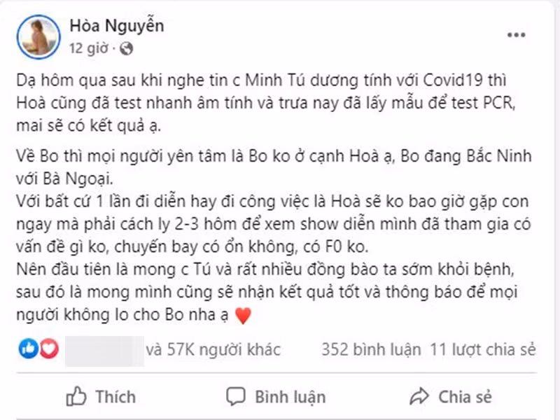 Trước thông tin Minh Tú mắc COVID-19, Hòa Minzy cho biết, cô test nhanh lẫn PCR đều âm tính. Nữ ca sĩ cho biết thêm, cô không ở cạnh con trai.