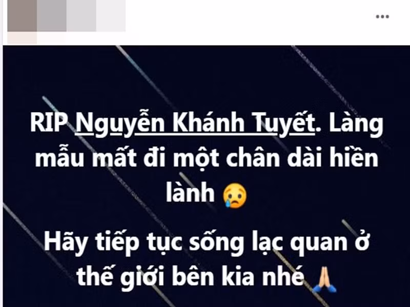 "RIP Nguyễn Khánh Tuyết. Làng mẫu mất đi một chân dài hiền lành. Hãy tiếp tục sống lạc quan ở thế giới bên kia nhé", một người bạn đăng tải dòng trạng thái tiếc thương trên trang cá nhân của Nguyễn Tuyết.
