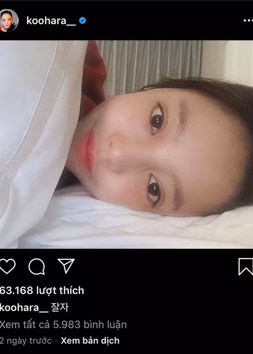 Trước khi tự tử, Goo Hara đăng tải hình ảnh cố tỏ ra vui vẻ cùng dòng trạng thái: "Chúc ngủ ngon".