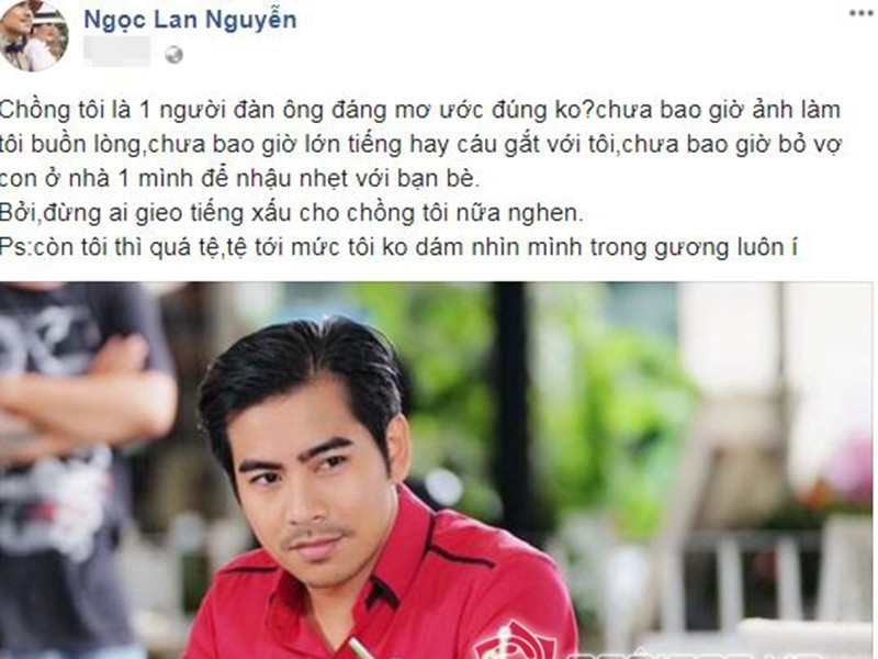 Ngọc Lan từng thừa nhận Thanh Bình là người đàn ông đáng mơ ước. "Anh chưa bao giờ làm tôi buồn lòng, chưa bao giờ lớn tiếng hay cáu gắt với tôi. Chưa bao giờ bỏ vợ con ở nhà một mình để nhậu với bạn bè. Còn tôi thì quá tệ, tệ tới mức tôi không dám nhìn mình trong gương", Ngọc Lan chia sẻ.