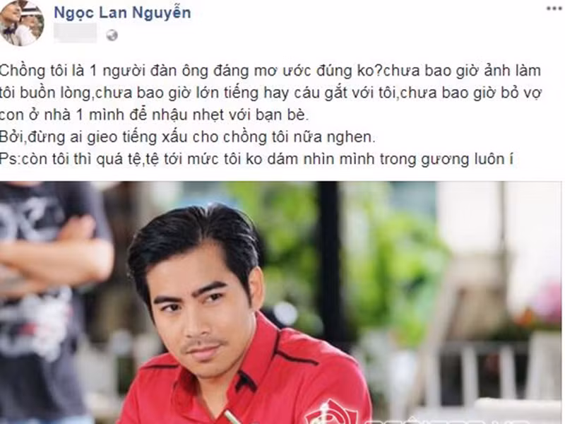 Ngọc Lan từng thừa nhận Thanh Bình là người đàn ông đáng mơ ước. "Anh chưa bao giờ làm tôi buồn lòng, chưa bao giờ lớn tiếng hay cáu gắt với tôi. Chưa bao giờ bỏ vợ con ở nhà một mình để nhậu với bạn bè. Còn tôi thì quá tệ, tệ tới mức tôi không dám nhìn mình trong gương", Ngọc Lan chia sẻ.