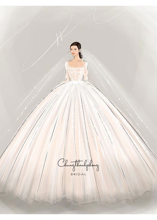 Mới đây, NTK Chung Thanh Phong tiết lộ bản vẽ phác thảo của 2 trong số 10 mẫu váy cưới Đông Nhi mặc trong hôn lễ.