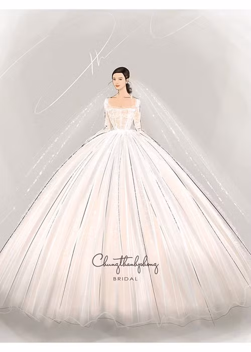 Mới đây, NTK Chung Thanh Phong tiết lộ bản vẽ phác thảo của 2 trong số 10 mẫu váy cưới Đông Nhi mặc trong hôn lễ.