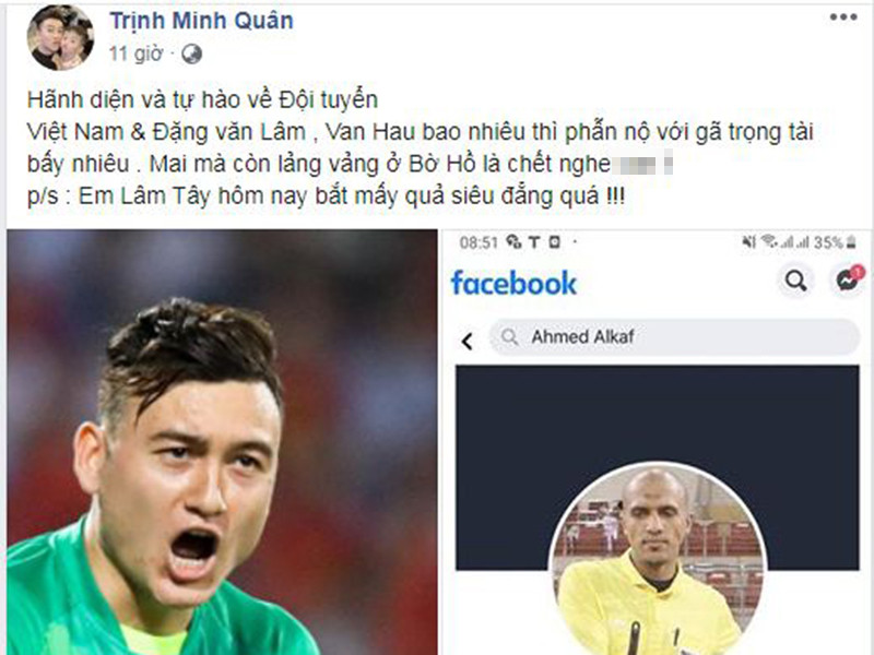 Ca sĩ Minh Quân bày tỏ tự hào về đội tuyển Việt Nam đồng thời bức xúc với trọng tài.