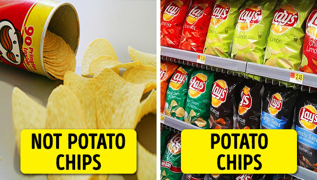 Khoai tây Pringles không được làm từ khoai tây Những lát “khoai tây” Pringles giòn tan này được làm từ một loại bột đặc biệt gồm lúa mì, gạo, bột ngô và khoai tây khử nước. Những miếng bột mỏng được chiên, sấy khô, và phun với gia vị bột và chất tăng cường hương vị khác.