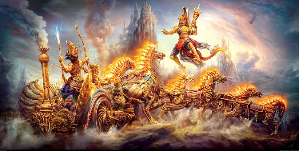 Sử thi Mahabharata từng đề cập đến con người triển khai "một đường đạn mang tất cả sức mạnh của vũ trụ", quả đạn này tạo ra một đám khói, lửa, nóng và "sáng như hàng vạn mặt trời" bằng cách sử dụng cỗ mày biết bay được gọi là Vimana.