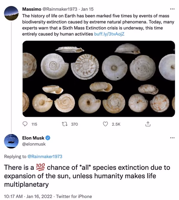 Tuy nhiên, khi phản hồi về bài viết này, Elon Musk đã đưa ra một ý kiến khác. Vị tỷ phú này cho rằng: “100% khả năng *tất cả* các loài tuyệt chủng do sự nở rộng của Mặt Trời, trừ khi loài người sinh sống đa hành tinh”.