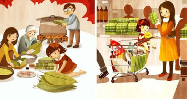 Còn ngày nay, để tiết kiệm thời gian và công sức thì đa số mọi người chọn cách mua bánh chưng làm sẵn tại các cửa hàng. Chỉ còn một số ít vẫn còn tự gói bánh chưng tại nhà để giữ vững truyến thống và nét đẹp dân tộc ta cho con cháu sau này.