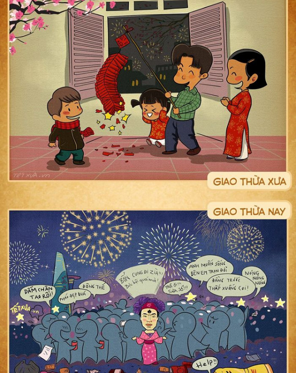 Nếu như Tết xưa nhà nhà có tràng pháo giấy treo trước cửa để đốt, thì ngày nay pháo hoa được thay thế trong đêm giao thừa. Pháo hoa được bắn ở các địa điểm lớn, người dân háo hức đi chơi sớm, tìm những địa điểm đẹp nhất để ngắm pháo hoa.