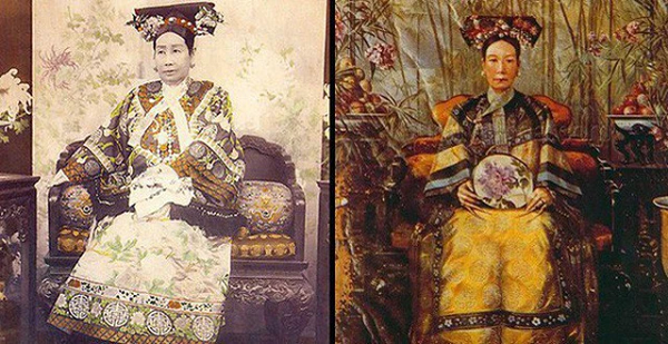 Trong miệng Từ Hy ngậm một viên minh châu, tương truyền có thể phát sáng trong đêm từ ngoài 100 bước; trên cổ đeo 3 xâu chuỗi, trong đó 2 chuỗi bằng trân châu, 1 chuỗi bằng hồng bảo thạch; mình mặc lễ phục dệt bằng sợi tơ vàng; tay cầm một nhánh hoa sen bằng ngọc.