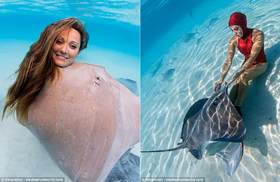 Bộ ảnh người mẫu bơi cùng cá đuối được thực hiện bởi nhiếp ảnh gia Christian Coulombe. Người mẫu bikini thậm chí còn mạo hiểm lấy cá đuối độc che thân như trong hình.