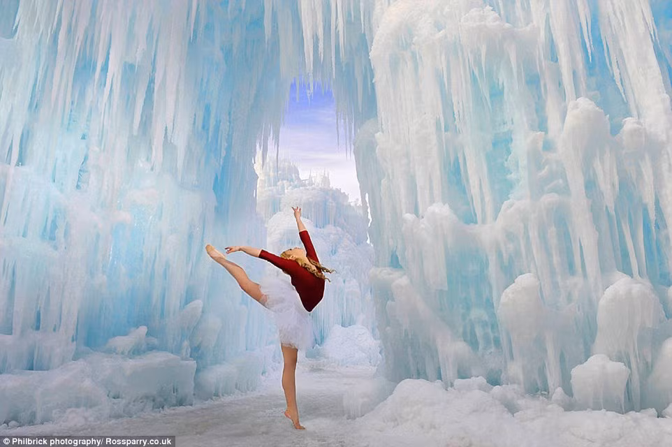 Cô dâu múa ba lê giữa động băng đẹp ngỡ ngàng.
