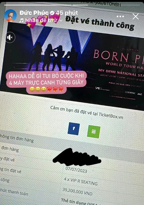 Đức Phúc khoe mua được 4 vé xem BlackPink. Ảnh chụp màn hình.
