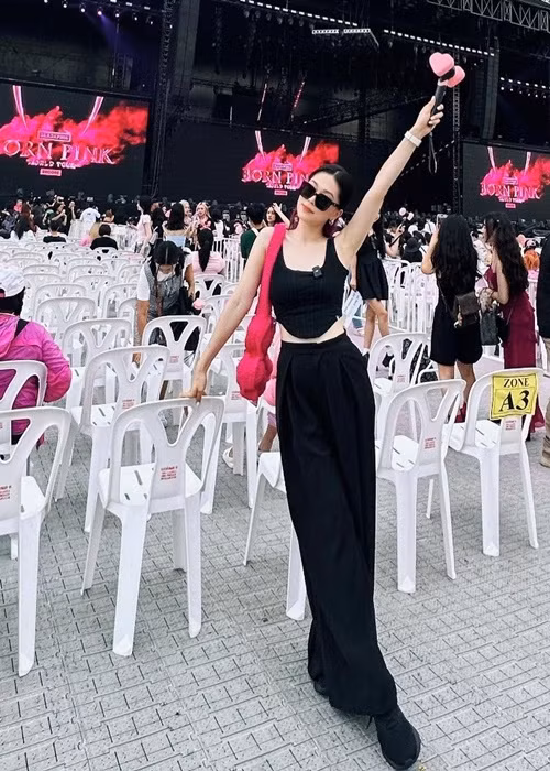 Xem BlackPink biểu diễn, Á hậu Phương Nga diện áo crop-top cùng quần ống rộng tông đen. Ảnh: FBNV.