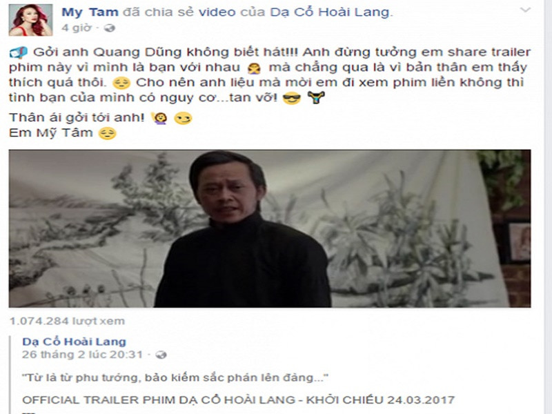 Cô hài hước nhắn nhủ đàn anh thân thiết: "Gửi anh Quang Dũng không biết hát! Anh đừng tưởng em share trailer phim này vì mình là bạn với nhau, mà chẳng qua là vì bản thân em thấy thích quá thôi. Cho nên anh liệu mà mời em đi xem phim liền, không thì tình bạn của mình có nguy cơ… tan vỡ”. Ảnh: Saostar.