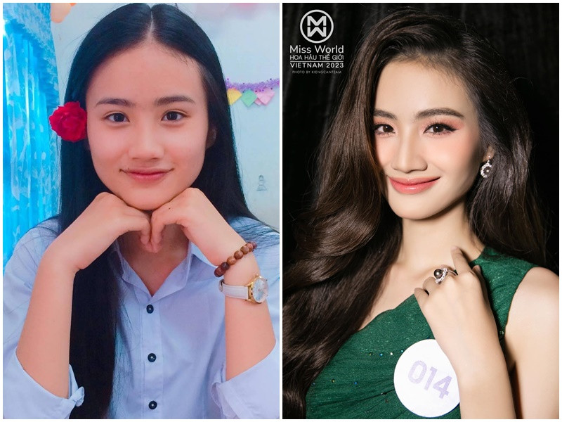 Nhan sắc đời thường cách đây 5 năm và sau khi trang điểm ở cuộc thi Miss World Vietnam 2023 của Huỳnh Trần Ý Nhi. Ảnh: FBNV.