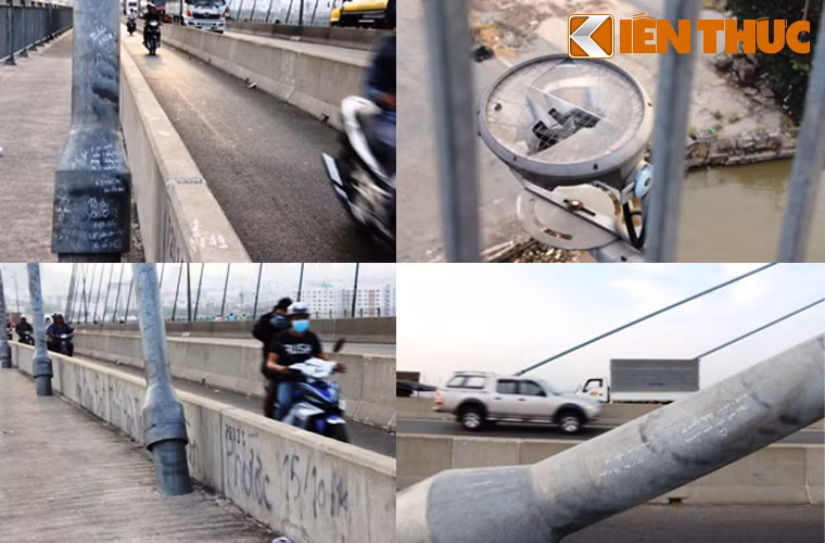 Nhiều trụ dây văng, dải phân cách giữa cầu bị những người vô ý thức viết nham nhở; đèn chiếu sáng trên và dưới cầu cũng bị đập vỡ.