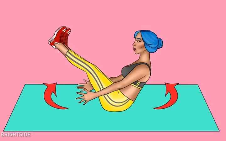 Tư thế chiếc thuyền Navasana: Bài tập giúp tăng cường cơ bụng, chân và lưng. Bạn chống chân trên sàn. Sau đó đẩy lưng và nhấc chân lên khỏi sàn. Mở rộng cánh tay thẳng ra trước mặt. Giữ đầu gối thẳng trong 30 giây đến 1 phút để trọng lượng cơ thể dồn vào cơ bụng.