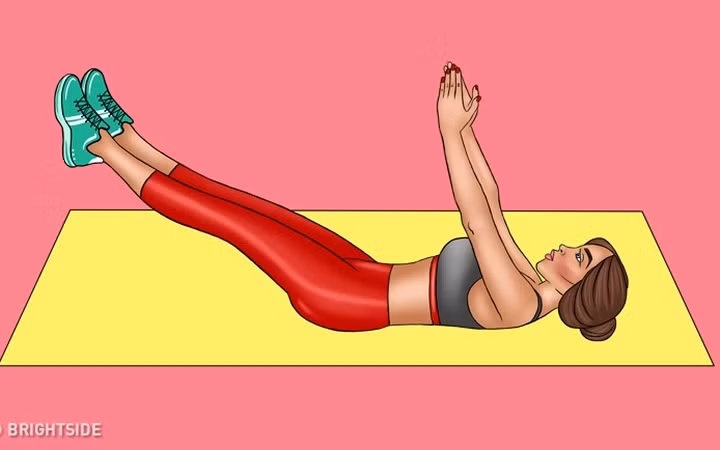 Nâng cùng lúc 2 chân: Đây là bài tập hiệu quả cho bụng trên và bụng dưới. Bạn nằm ngửa, duỗi 2 chân và đưa 2 tay lên. Nhấc chân lên khỏi sàn nhà một góc 45 độC và tạm dừng khi chân lên cao hết cỡ. Sau đó từ từ hạ cơ thể xuống sàn và duỗi thẳng tay chân.