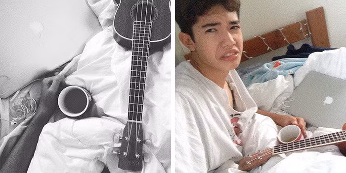 Một cốc cà phê và một cây đàn, tất cả sẽ làm nên một chiếc giường lộn xộn.