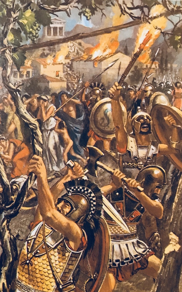 Kế đến, binh sĩ Hy Lạp bí mật đổ độc dược xuống nguồn nước mà binh lính và người dân trong thành Kirrha sử dụng trong sinh hoạt. Sau khi sử dụng nguồn nước bị nhiễm độc, toàn bộ người trong thành Kirrha có các triệu chứng nhiễm độc dẫn đến sức chiến đấu giảm rõ rệt.