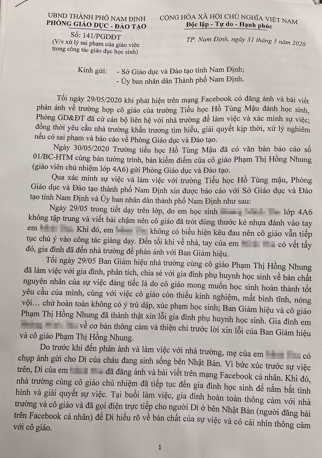 So GD&DT Nam Dinh de nghi xu ly nghiem co giao danh tim tay hoc sinh