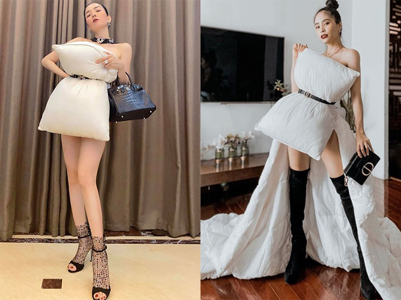 Trong những ngày ở nhà, sao Việt còn thử nghiệm trào lưu thời trang lấy gối làm váy. Chỉ cần một chiếc gối và thắt lưng, các mỹ nhân Việt có thể "sống ảo" tại gia trong mùa dịch.