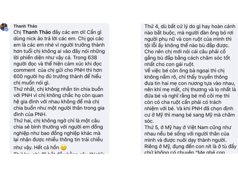 Tuy có ý tốt muốn bé Lavie có tình thương của bố khi đã mồ côi mẹ nhưng Thanh Thảo lại bị một số antifan chỉ trích. Thậm chí, cư dân mạng khơi lại chuyện cũ với Ngô Kiến Huy. Không giữ im lặng trước những lời chỉ trích vô cớ, Thanh Thảo đáp trả bằng tâm thư khá dài. Ảnh: Yan