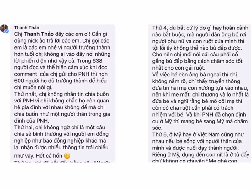 Tuy có ý tốt muốn bé Lavie có tình thương của bố khi đã mồ côi mẹ nhưng Thanh Thảo lại bị một số antifan chỉ trích. Thậm chí, cư dân mạng khơi lại chuyện cũ với Ngô Kiến Huy. Không giữ im lặng trước những lời chỉ trích vô cớ, Thanh Thảo đáp trả bằng tâm thư khá dài. Ảnh: Yan