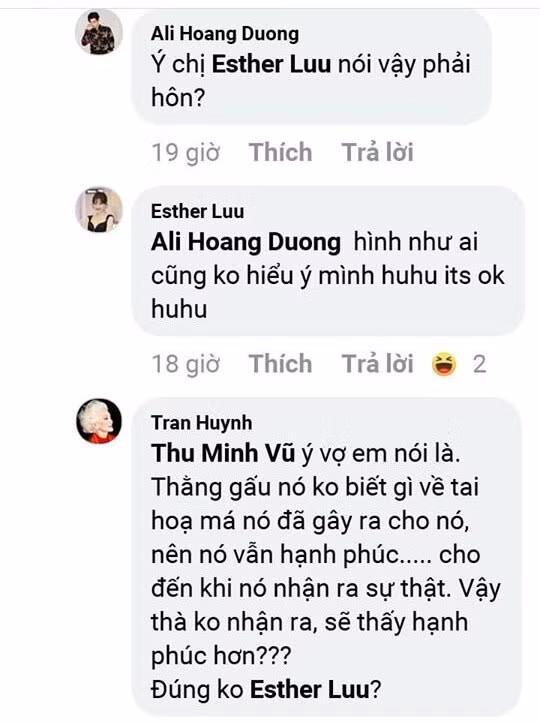 Sau một hồi giải thích nhưng dường như càng thêm dối, cuối cùng Thu Minh phải triệu hồi chồng Hari Won vào cắt nghĩa bình luận của vợ mình. Trấn Thành giải thích giúp Hari Won: “Ý vợ em nói là thằng Gấu nó không biết gì về tai họa má nó gây ra cho nó nên nó vẫn hạnh phúc, cho đến khi nó nhận ra sự thật. Vậy thà không nhận ra sẽ thấy hạnh phúc hơn, đúng không?”.