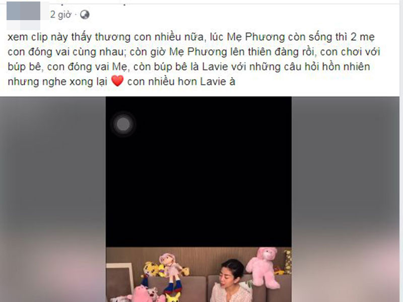 Sau hơn 20 ngày Mai Phương qua đời, quản lý của cô đăng tải clip cố diễn viên chơi cùng con gái kèm chú thích: "Xem clip này thấy thương con nhiều nữa, lúc mẹ Phương còn sống thì 2 mẹ con đóng vai cùng nhau; còn giờ mẹ Phương lên thiên đàng rồi, con chơi với búp bê, con đóng vai Mẹ, còn búp bê là Lavie với những câu hỏi hồn nhiên nhưng nghe xong lại yêu con nhiều hơn Lavie à".