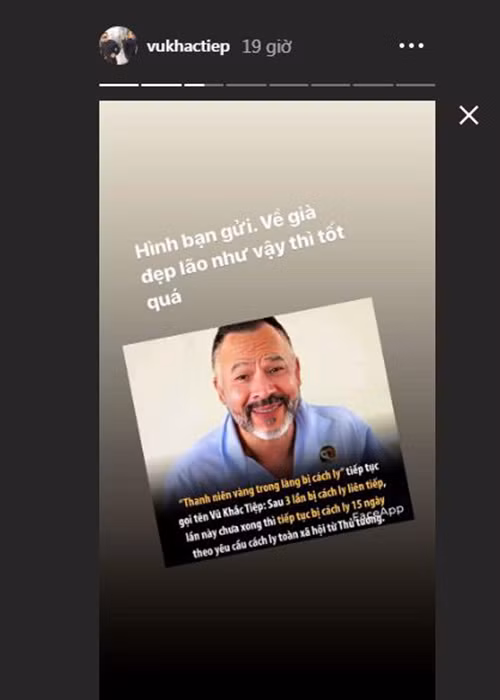 Không chỉ được cư dân mạng đặt biệt danh "chàng trai vàng trong làng cách ly", Khắc Tiệp còn bị chế ảnh. Về phần mình, ông trùm chân dài chia sẻ ảnh chế kèm bình luận tỏ ra thích thú: "Về già đẹp lão như vậy thì tốt quá".