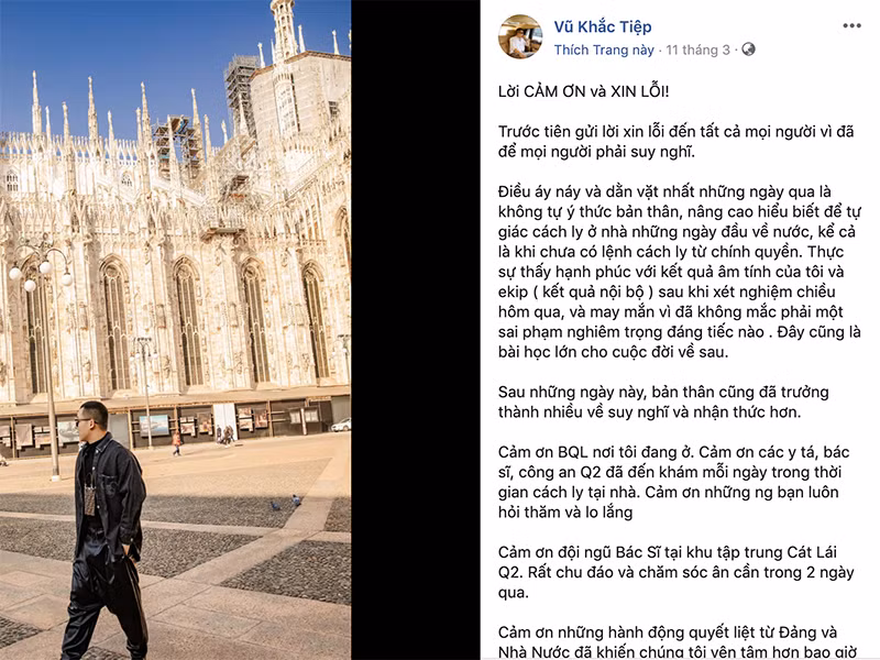 Trước làn sóng chỉ trích, Khắc Tiệp nhận sai vì ý thức cách ly kém. Đến chiều ngày 11/3, khi nhận được kết quả âm tính với COVID-19, anh rời khu cách ly.