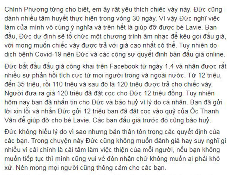 Tuy nhiên, mới đây, nhà thiết kế cho biết, người trả 120 triệu cho chiếc váy bất ngờ hủy vì lý do cá nhân. Số tiền 12 triệu đặt cọc người này muốn gửi cho con gái Mai Phương.