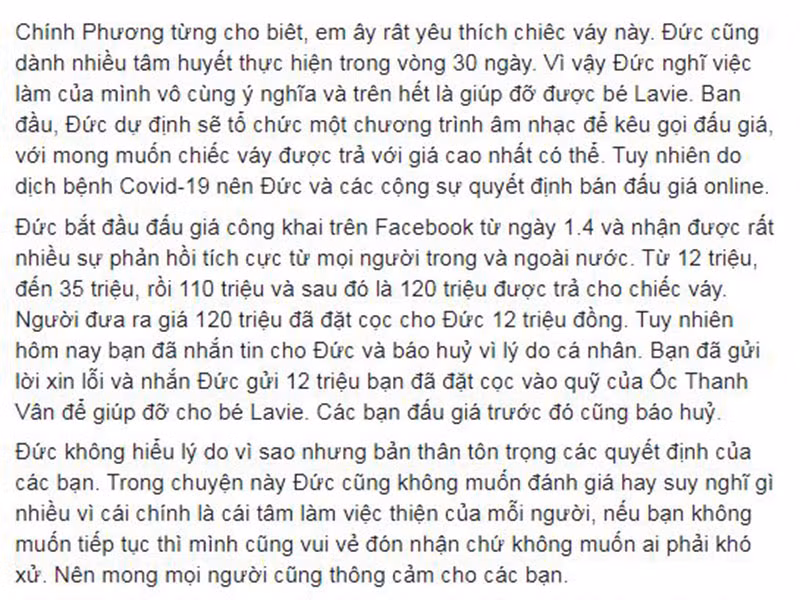 Tuy nhiên, mới đây, nhà thiết kế cho biết, người trả 120 triệu cho chiếc váy bất ngờ hủy vì lý do cá nhân. Số tiền 12 triệu đặt cọc người này muốn gửi cho con gái Mai Phương.