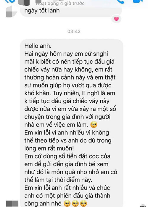 Đức Vincie đăng tải ảnh chụp tin nhắn hủy vào phút chót của người đấu giá.