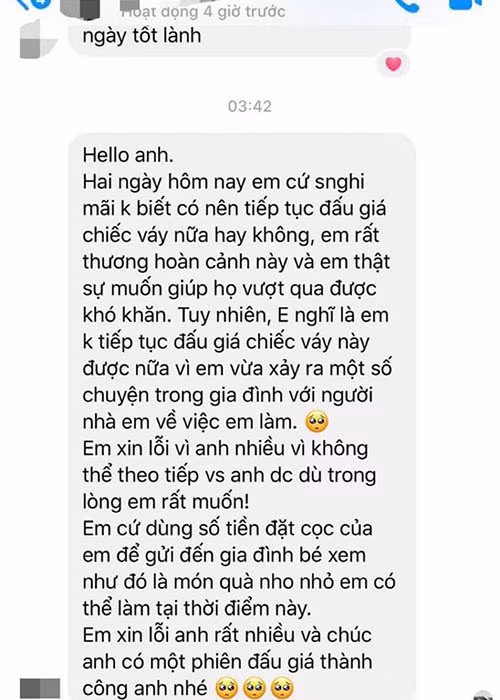 Đức Vincie đăng tải ảnh chụp tin nhắn hủy vào phút chót của người đấu giá.