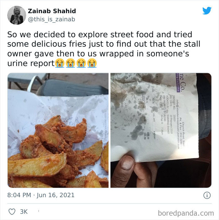 "Món rán rất ngon, cho đến khi tôi nhận ra giấy gói là thông báo tình hình nước tiểu của ai đó".